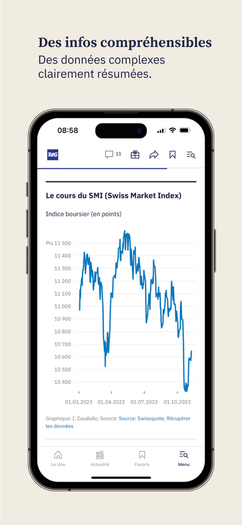 Tribune de Geneve App zeigt eine Finanzgrafik des Swiss Market Index
