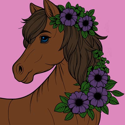 a realistic horse with flowers on its head
