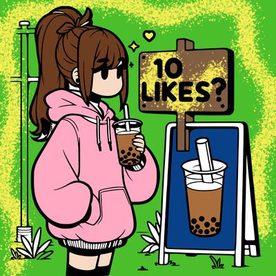 girl with oversized hoodie drinking boba and she has a high ponytail with a sign that says 10likes?