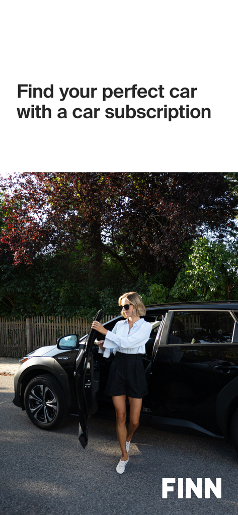 FINN Car Subscription - A woman getting out of a black car with the text Find your perfect car with a car subscription