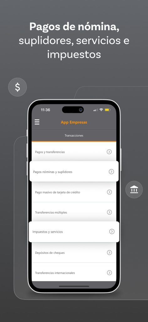 Banreservas Empresas mobile app interface showing menu options for payroll supplier and tax payments.