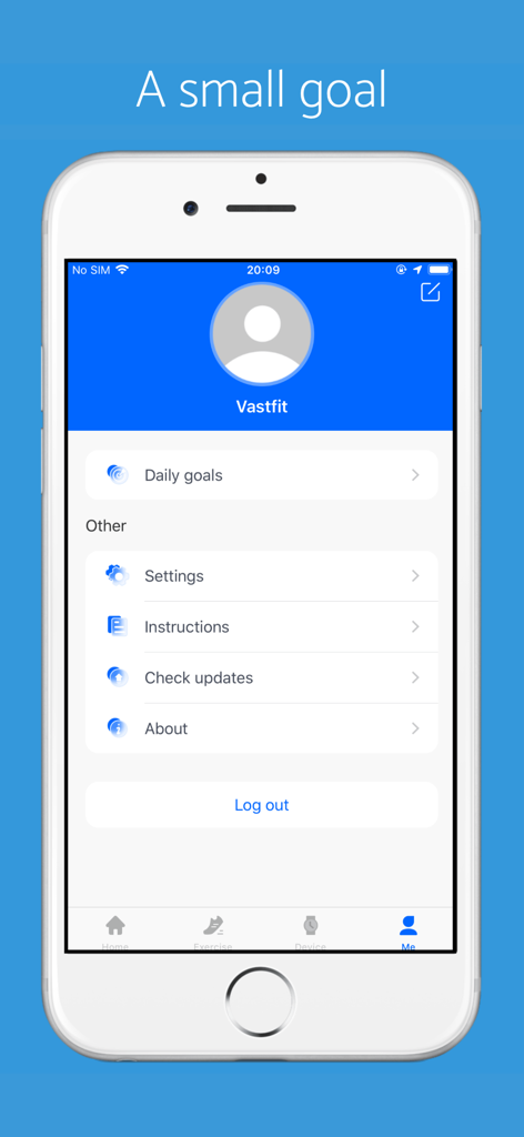 Vastfit app user profile screen showing account settings and daily goals menu