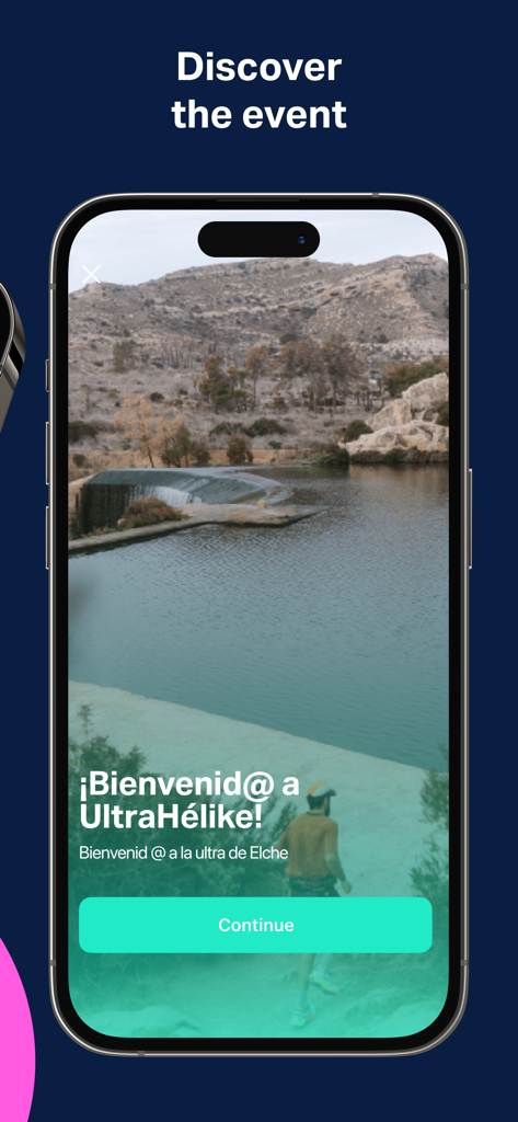 Ultrahélike - Welcome screen of the Ultrahelike mobile app featuring a scenic landscape background and a continue button
