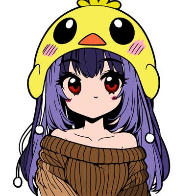 anime girl with chick shaped hat with sweater with bare shoulders with bangs covering them one eye with low tail