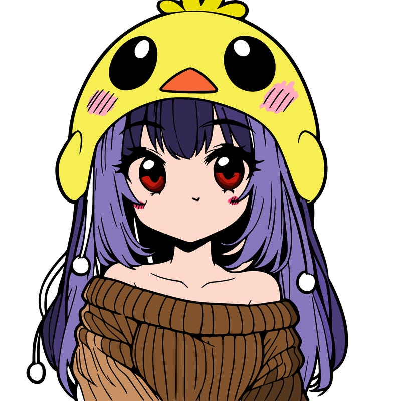 anime girl with chick shaped hat with sweater with bare shoulders with bangs covering them one eye with low tail