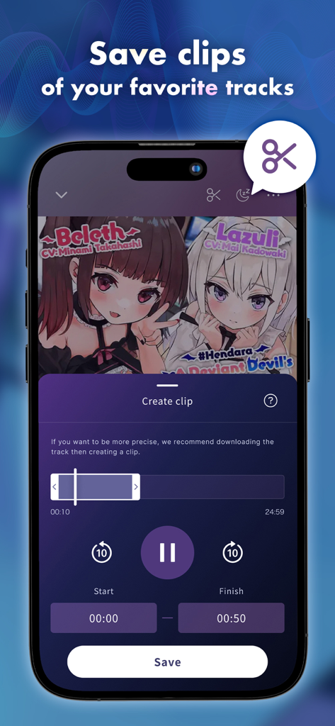 DLsite Sound - Interfaccia dell'app DLsite Sound che mostra come creare e salvare clip audio dai brani preferiti con illustrazioni di personaggi anime