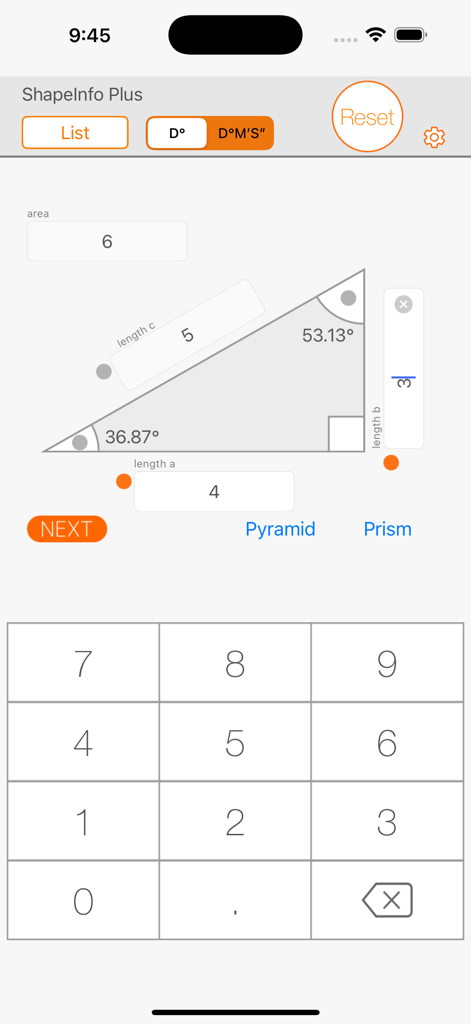 Bildschirm zur Berechnung der rechtwinkligen Geometrie in der mobilen App ShapeInfo Plus