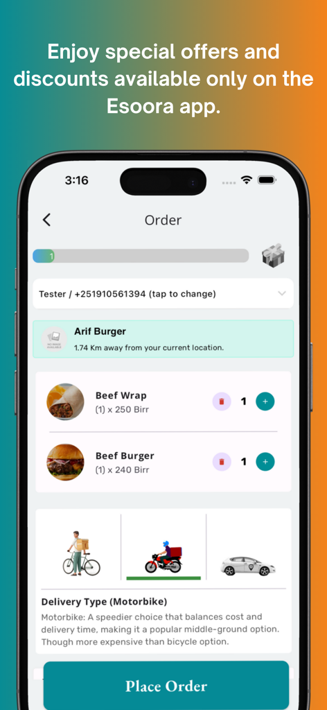 Esoora Food Delivery - Esoora app order screen showing food items and delivery options