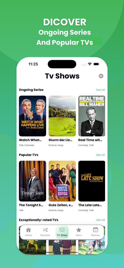 Uma lista de séries de TV em andamento e populares no aplicativo Movie Boxes.