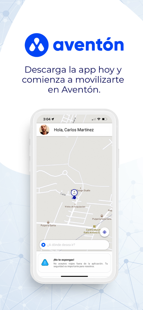 Aventón - Interfaz de la aplicación de transporte Aventon que muestra navegación por mapa y advertencia de seguridad del usuario