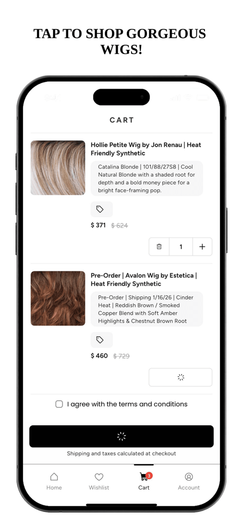 Shirleys Wig Shoppe - Shopping cart screen of the Shirleys Wig Shoppe mobile app showing items like the Jon Renau Hollie Petite Wig and Estetica Avalon Wig.