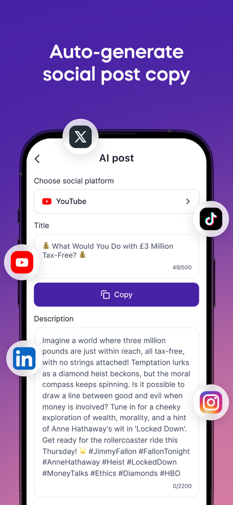 Mobile app interface showing AI auto-generated social media post titles and descriptions for YouTube clips.