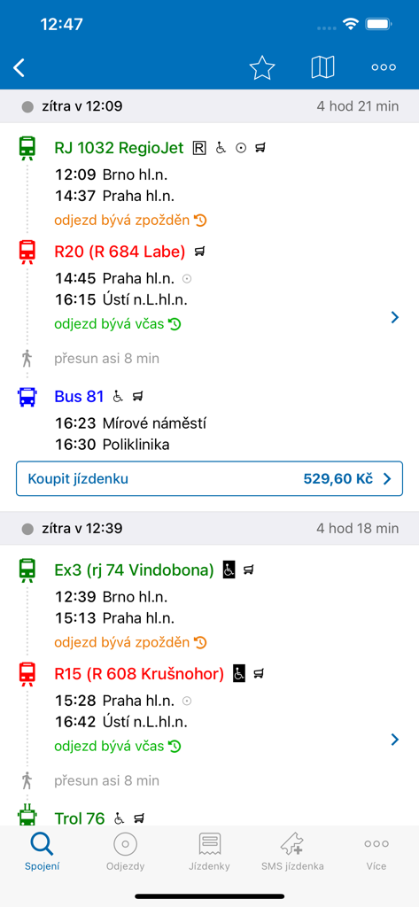 Jízdní řády IDOS - Résultats de recherche de connexions de train et de bus dans l'application Jizdni rady IDOS entre Brno et Prague