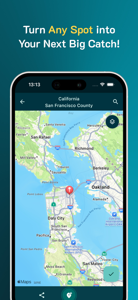 Uma tela de celular mostrando um mapa de São Francisco com um pino de localização para selecionar um local de pesca no aplicativo Previsão de Horário Solunar.