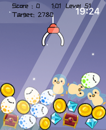 Watch Games - Claw Machine - A virtual arcade claw machine interface showing a mechanical claw above colorful penguins, spotted eggs, and gold coins