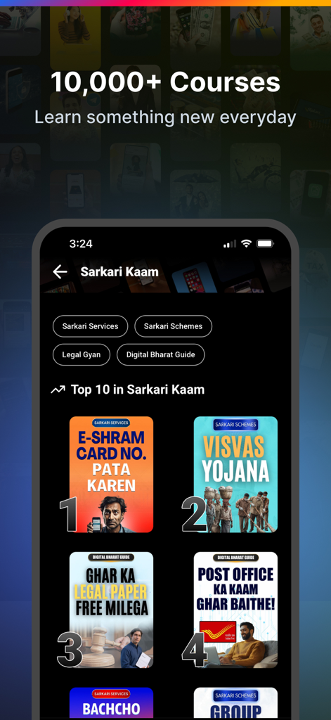 Interface of Seekho app featuring short Hindi video courses on government services