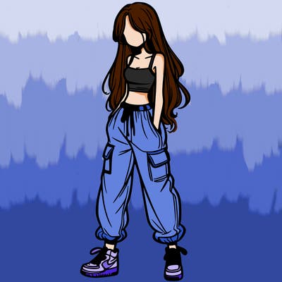 girl in baggy pants crop top and long hair