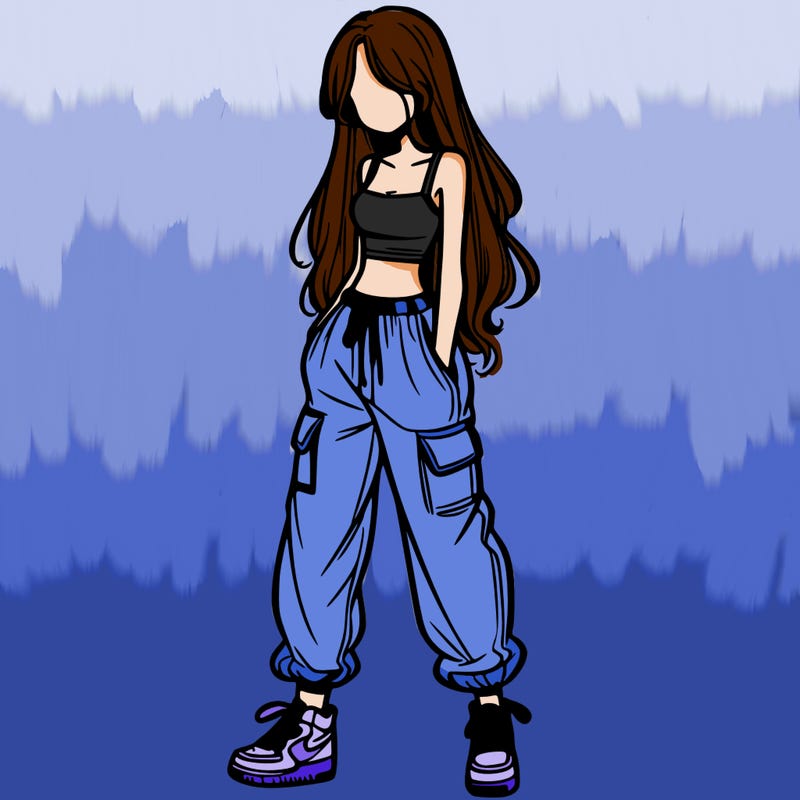 girl in baggy pants crop top and long hair
