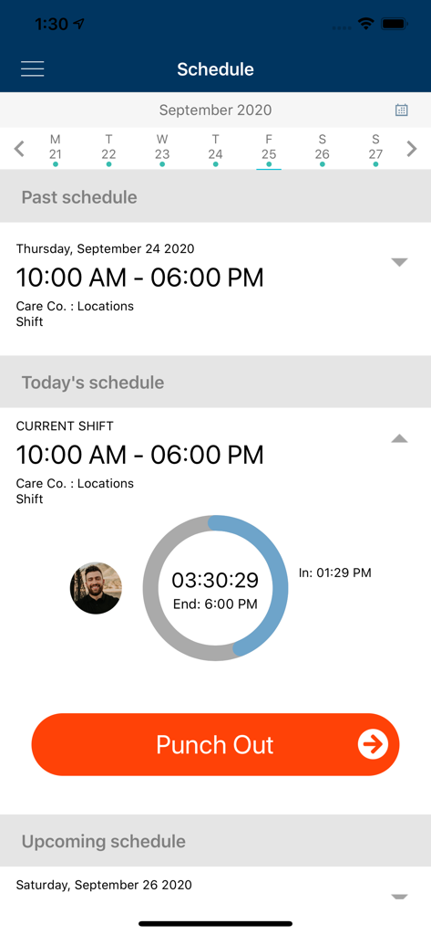OnShift Time - OnShift Time app screen showing a daily work schedule with a shift timer and a large orange punch out button.