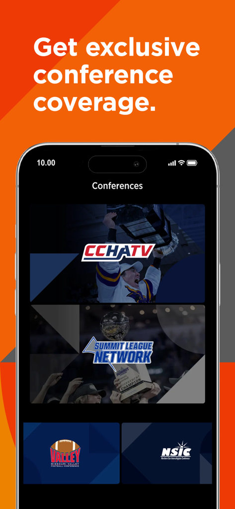 Midco Sports Plus app interface showing logos for CCHATV Summit League Network Missouri Valley and NSIC sports conferences