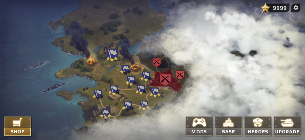 Tactical mission map showing captured blue and enemy red territories in a WWII military game