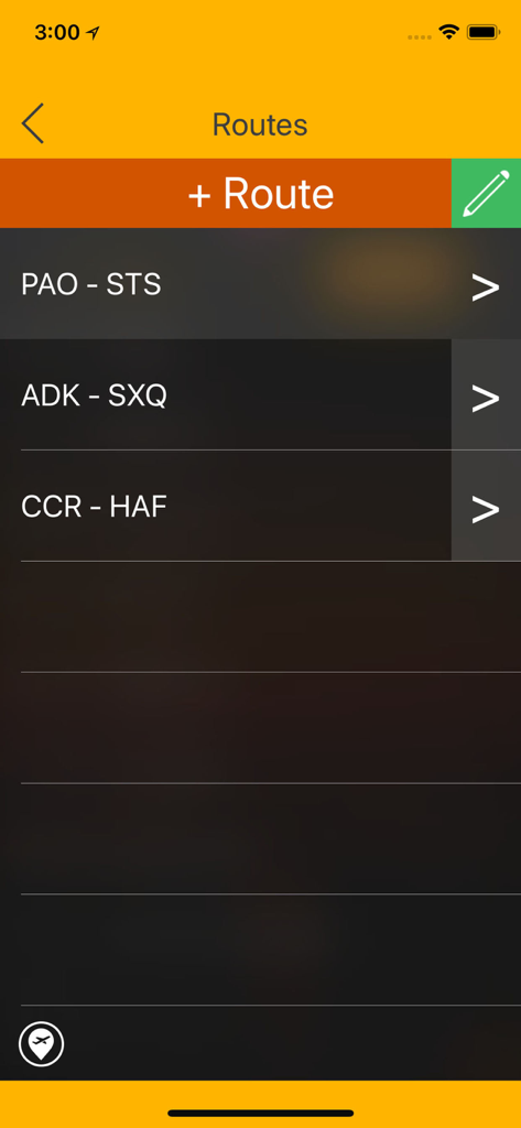 Eine Liste der gespeicherten Flugrouten in der US EFB Aviation Charts App.