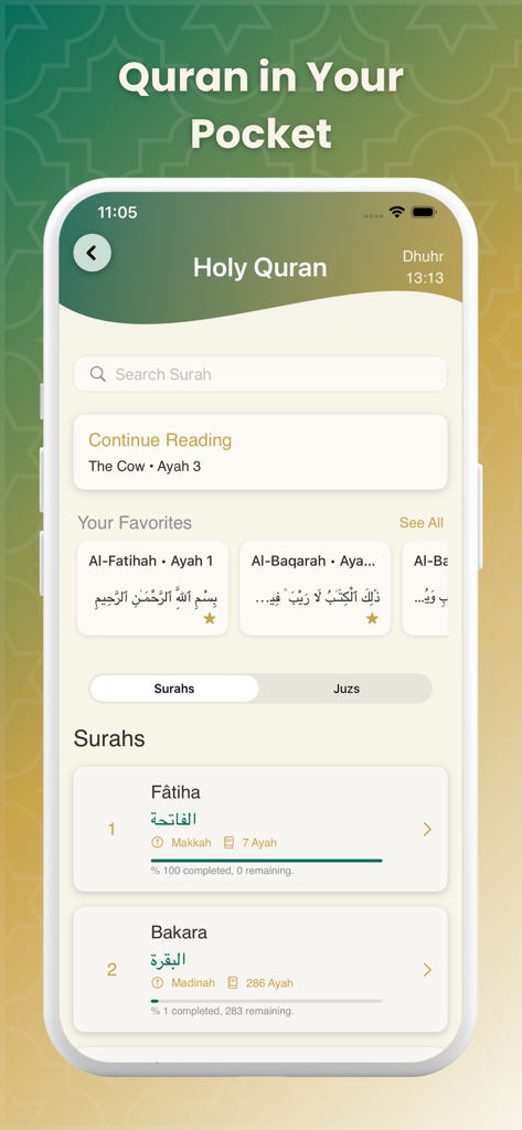 Ikra: Quran, Prayer and Dhikr - スマートフォンのIkraアプリの聖クルアーンセクション。スーラのリストと読書進捗トラッカーが表示されています。