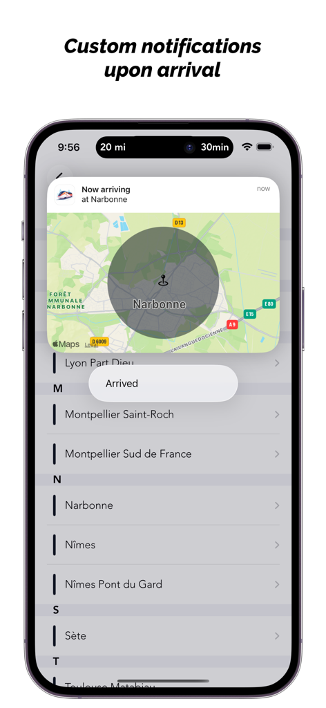 SNCF TGV Destinations - Smartphone screen displaying a train station arrival alert and map for Narbonne in France