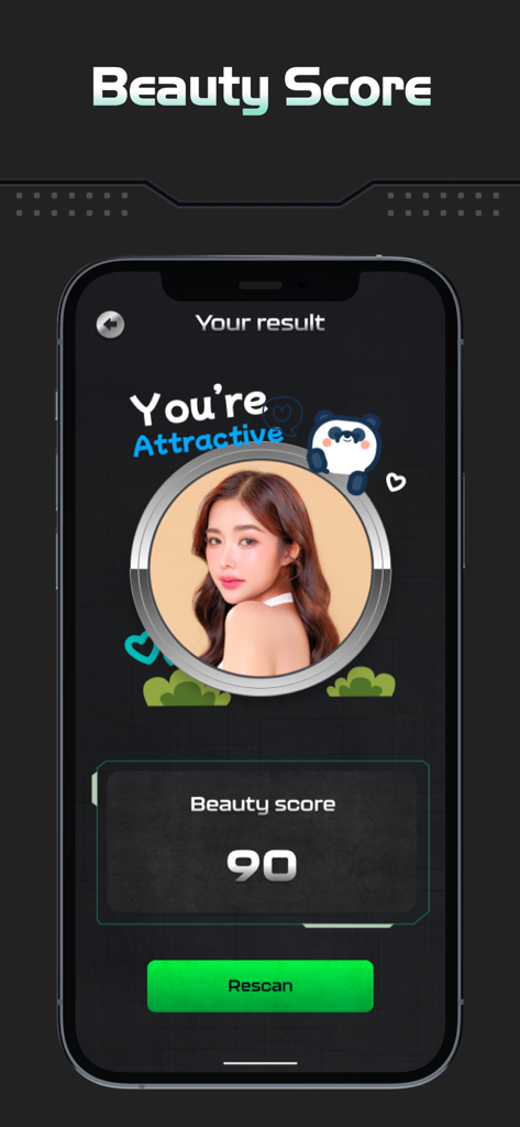 Lie Detector: Test Scan Prank - A beauty score prank app result screen showing a score of 90 and attractive rating