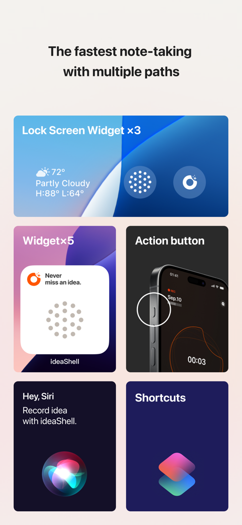 Display of ideaShell fast recording features via widgets, Action button, Siri, and Shortcuts.
