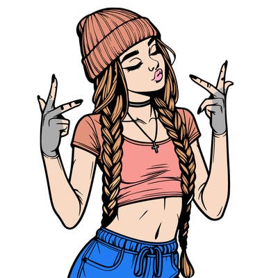 realistic teenage girl with braids and a beanie and crop top doing 🫶🏼