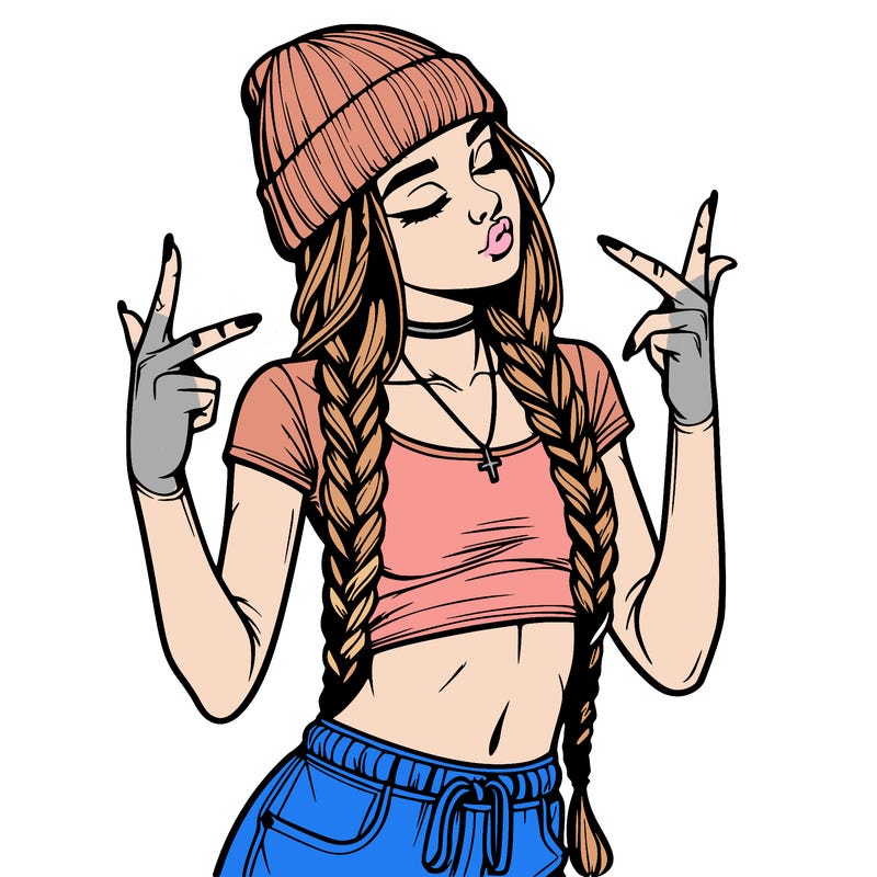 realistic teenage girl with braids and a beanie and crop top doing 🫶🏼