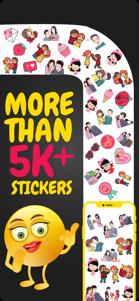 AdultMoji app interface showcasing a wide variety of flirty and romantic stickers for messaging