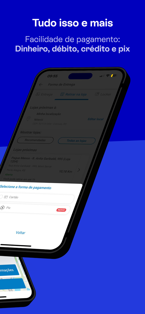 Farmácias Pague Menos - Mobile app screen for Pague Menos pharmacy showing payment methods including Pix and credit cards.