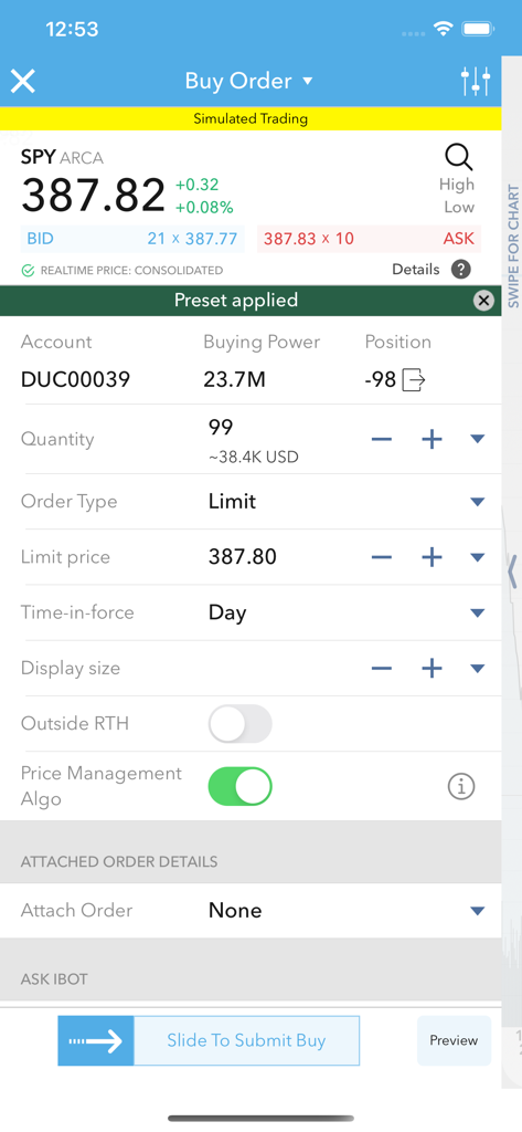 MEXEM mobile app stock buy order screen for SPY ETF with limit price and execution options.