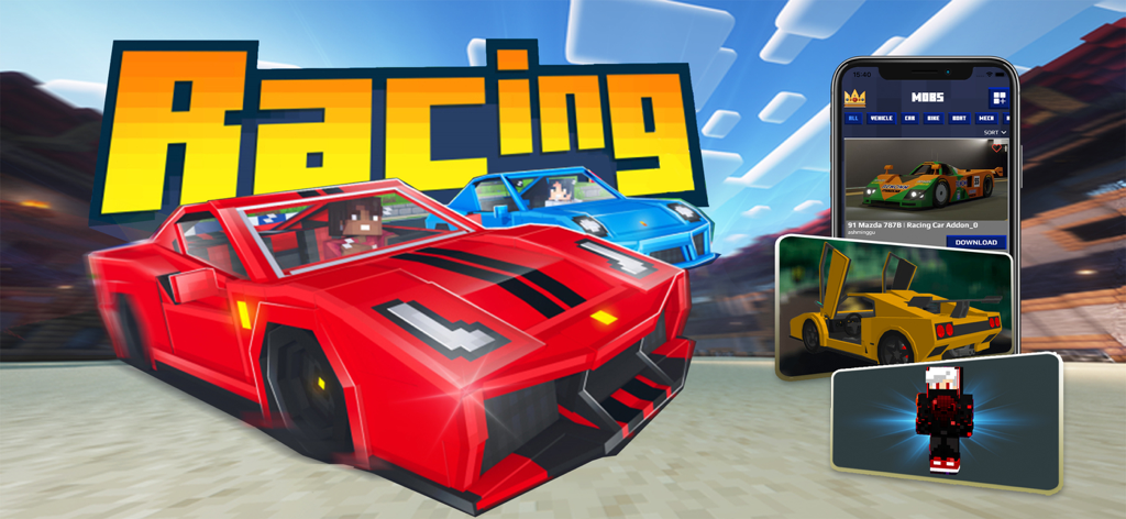 Cars Addon for Minecraft - Un'auto sportiva rossa di Minecraft e un telefono che mostra addon per auto per il gioco.