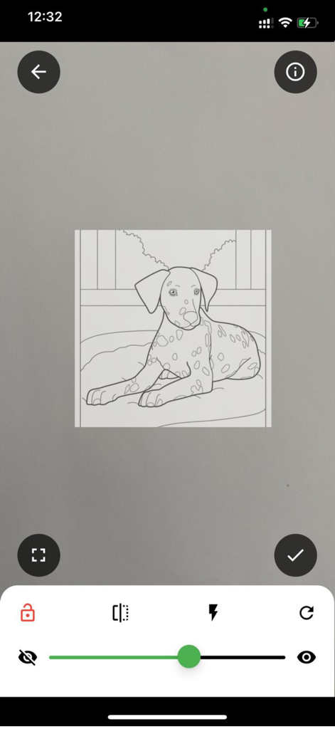 AR Drawing Sketch & Trace - Interfaz de la app AR Drawing con un boceto de dálmata y herramientas de trazado