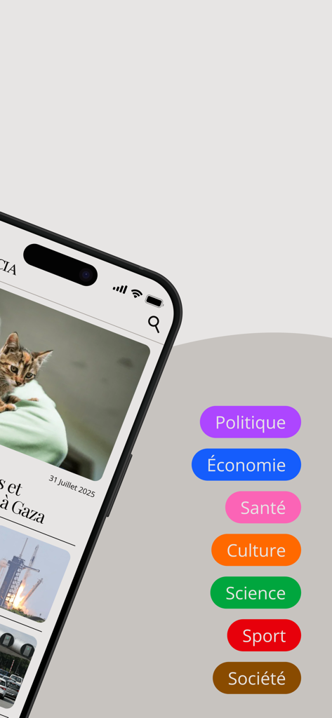 Prudencia - Mobile screen showing Prudencia app news feed and various category tags