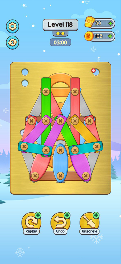 Unscrew Master: Nuts & Bolts - Ein Gameplay-Screenshot von Unscrew Master Nuts and Bolts, der ein Logik-Rätsel mit bunten Stangen und Schrauben auf einer goldenen Tafel zeigt.