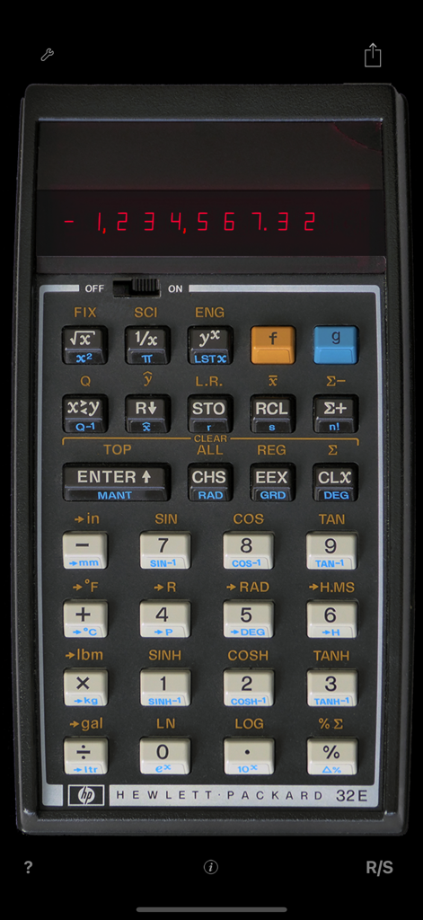 A photo-realistic simulation of the HP-32E scientific calculator interface within the RPN-32 CE app.