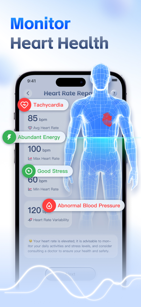 Pantalla del informe de salud del corazón de la aplicación RateTracker que muestra los latidos por minuto promedio, niveles de estrés y seguimiento de energía