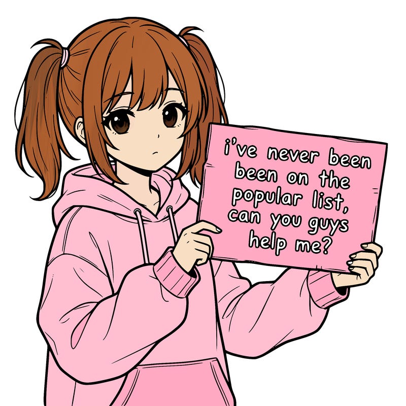 a cute anime girl with a sign saying  i’ve never been on the popular list, can you guys help me?