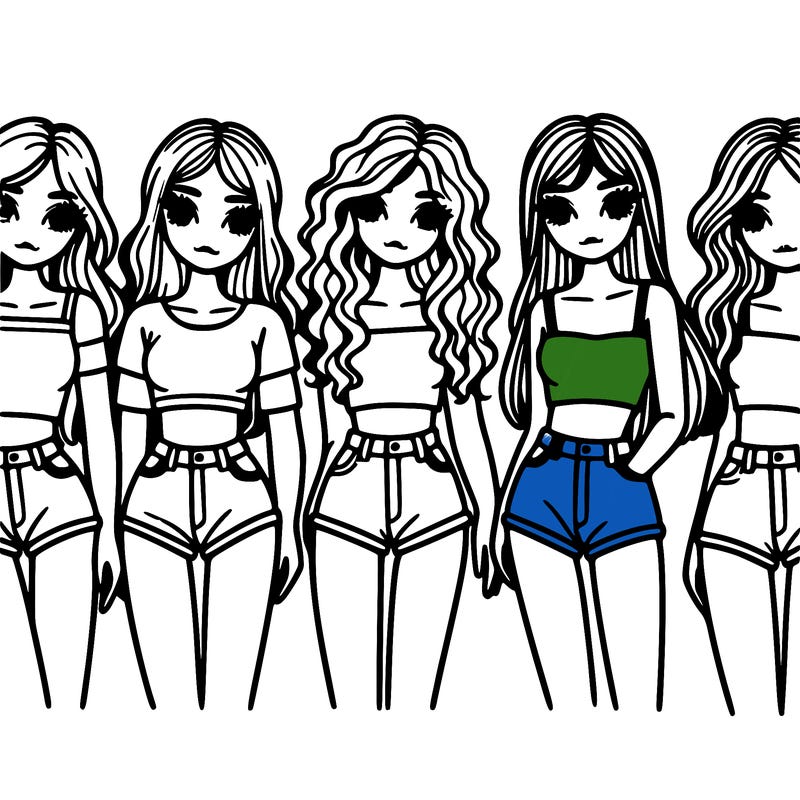 girls in a line with crop tops 5 no full face  wavy straight and curley hair with short shorts white background