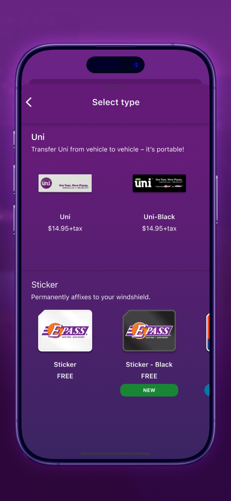 A mobile screen showing E-PASS transponder options including portable Uni devices and free permanent stickers.