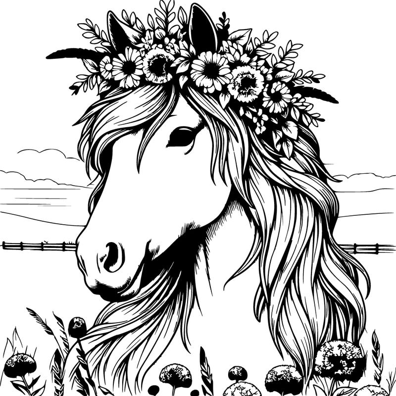 a portrait with a horse wearing a flower crown in a field realistic