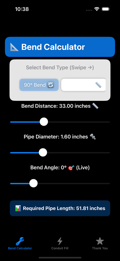 BendMaster app interface for calculating conduit bend distance and pipe length with adjustable sliders.