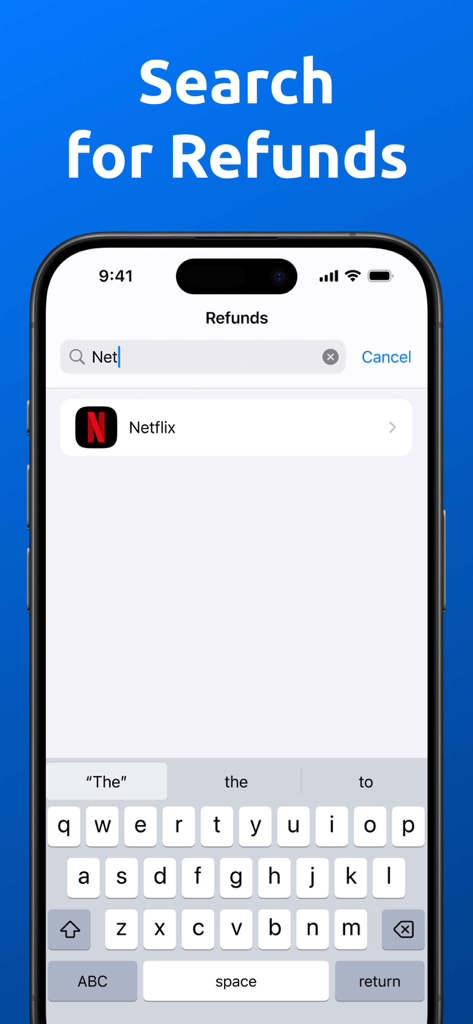 Subscription Trackerㅤ - Mobile app screen showing the search for refunds feature with a search for Netflix