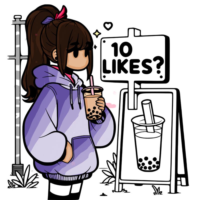 girl with oversized hoodie drinking boba and she has a high ponytail with a sign that says 10likes?