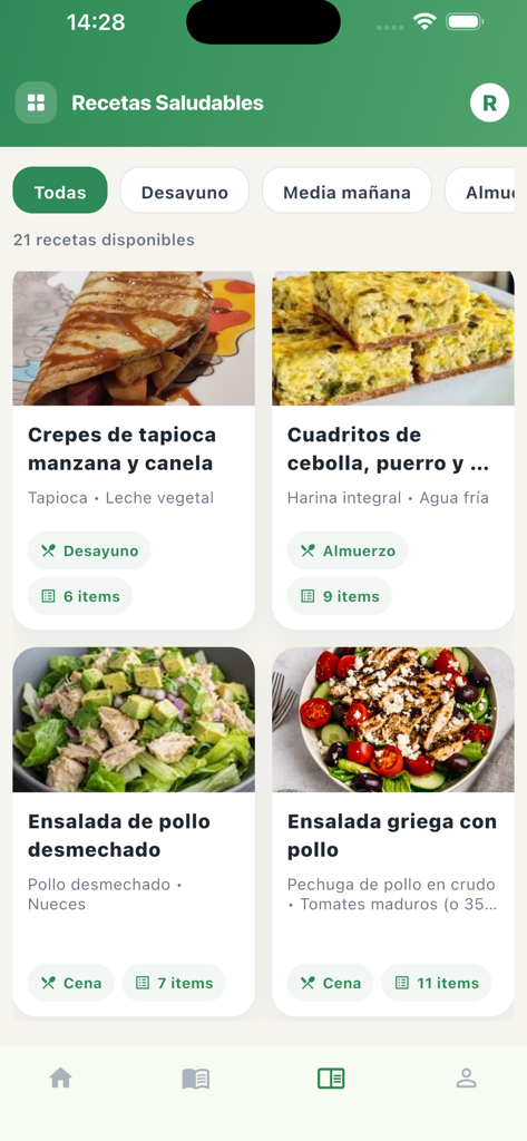 Alimente - Un écran mobile de l'application Alimente affichant une variété de recettes saines en espagnol avec des photos et des filtres de catégorie.