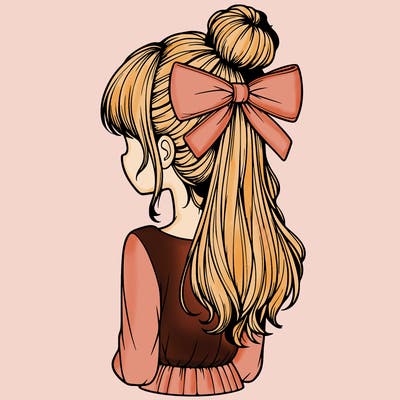 realistic girl  with hip length hair a bun and a big bow on the back of head